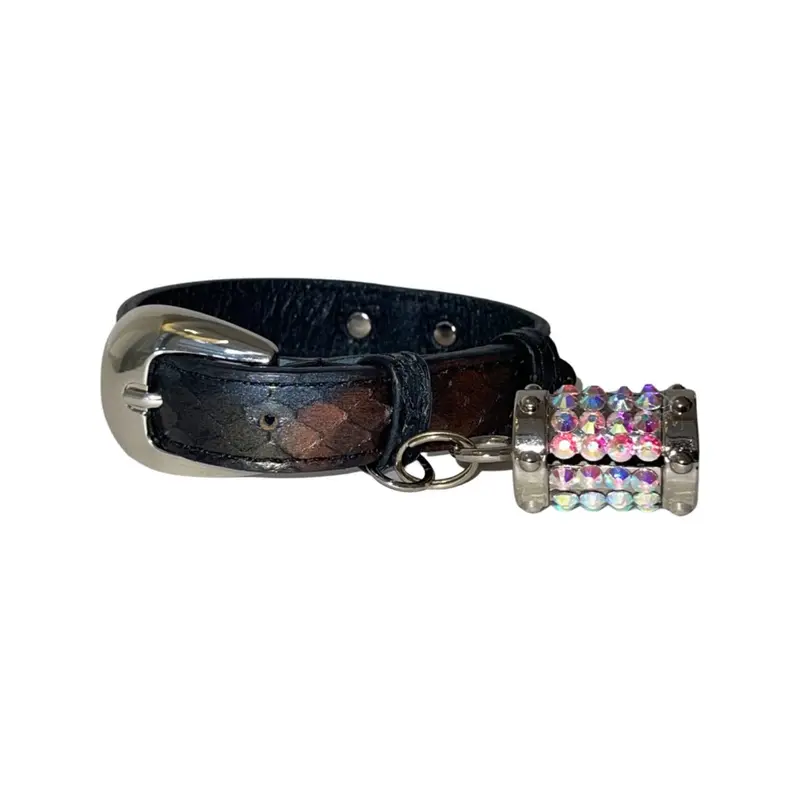 Gun Metal Grey/Bronze/Silver Custom Snake Collar/Custom Silver Oval Italian Hardware & Barrel Swarovski Charm