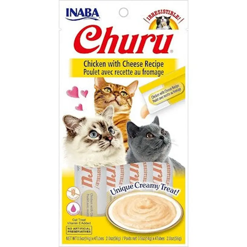 INABA Churu Creamy  Lickable Pure Cat Treat w Taurine  0.5 oz  4 Tubes  Chicken with Cheese Recipe
