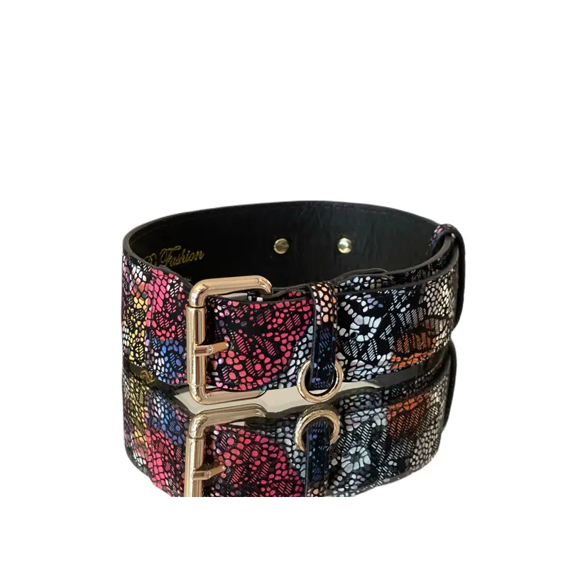 Luxury Pet Fashion Black Floral Lace Italian Leather Collar With Gold Classic Hardware