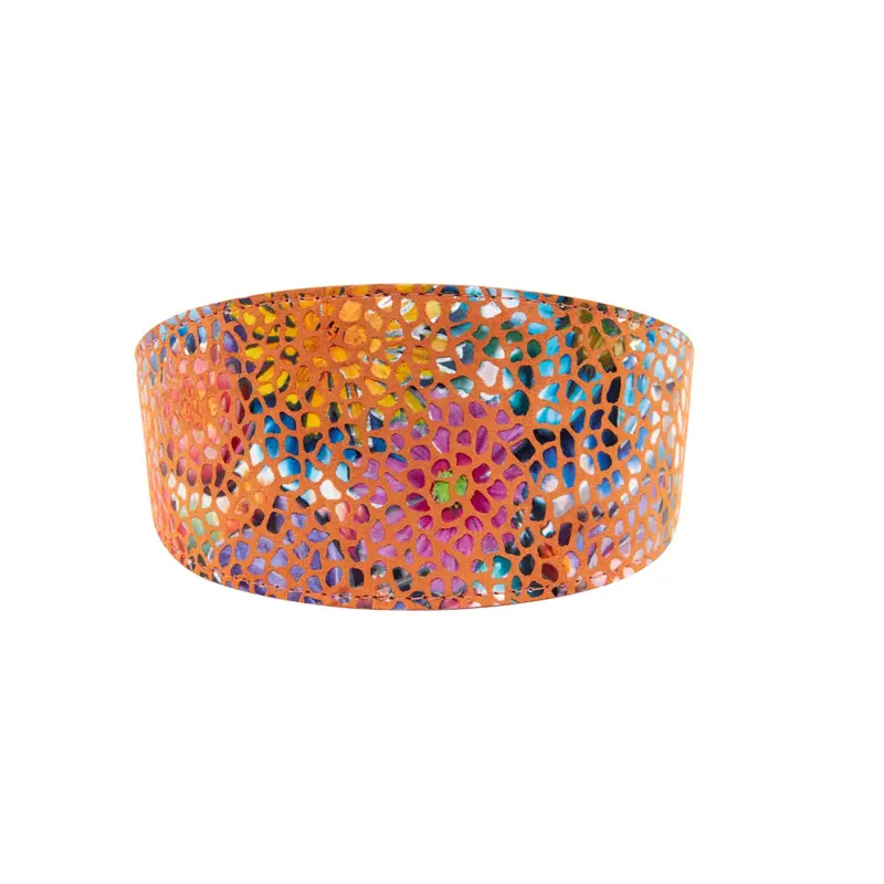 Orange Floral Mosaic Italian Leather 3 Wide Style Collar
