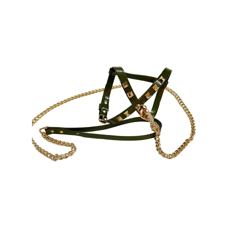 Fashion Dog Harness and Chain Leash Set - Olive Green with Gold Studs