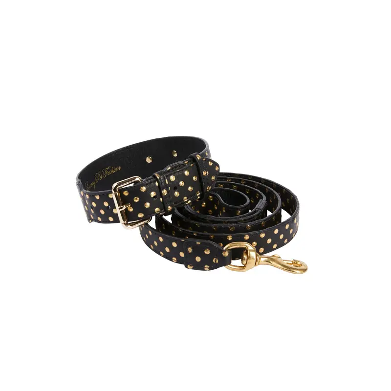 Black & Gold Polka Dot Italian Leather Classic Collar & Leash Set