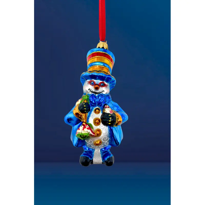 Blue Christmas Snowman Glass Ornament