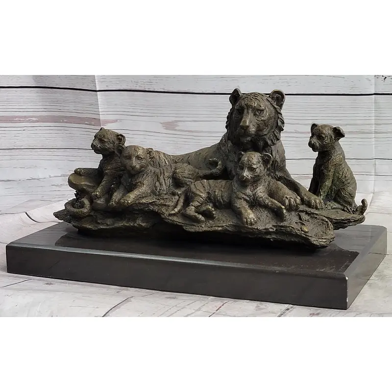 Tiger Family Cubs Asian Wildlife Bronze Sculpture Statue Figure Signed Art Marble Base