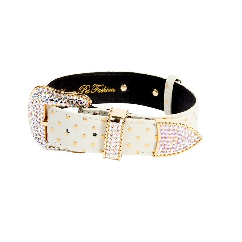 White & Gold Polka Dot Italian Leather Collar With Swarovski Crystal Hardware