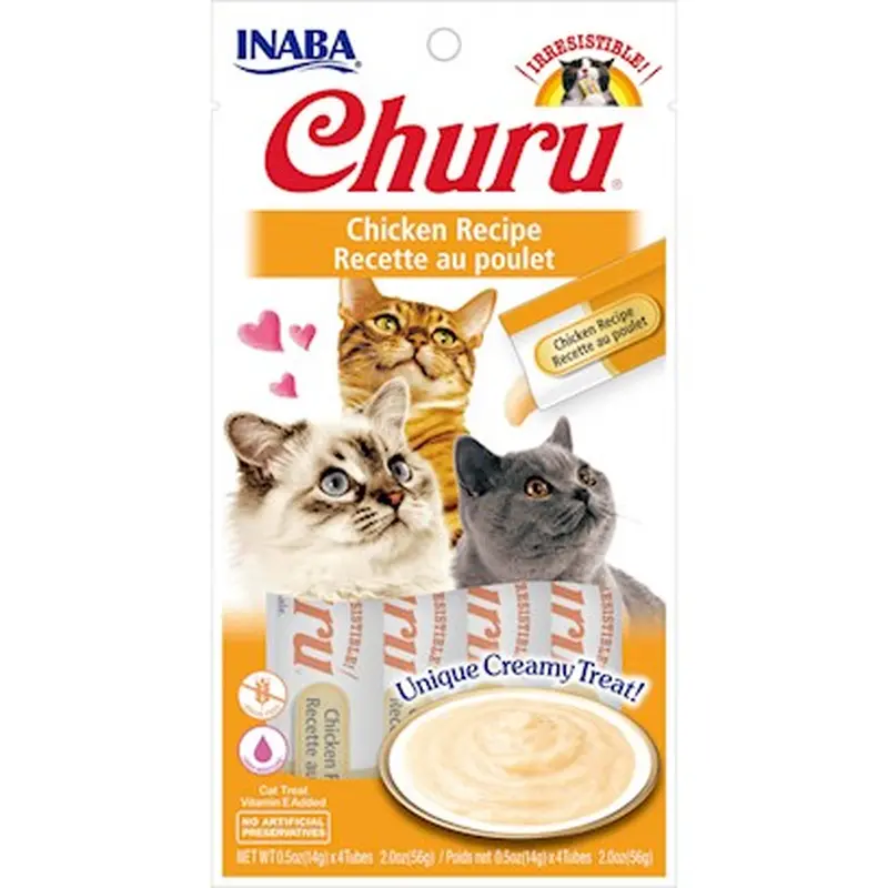 INABA Churu Creamy  Lickable Pure Cat Treat w Taurine  0.5 oz  4 Tubes  Chicken Recipe