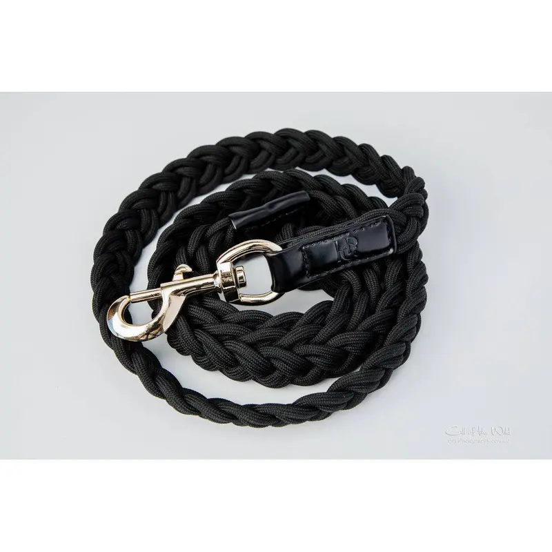 Dog Lead Black Plaited - Yellow Gold Hardware