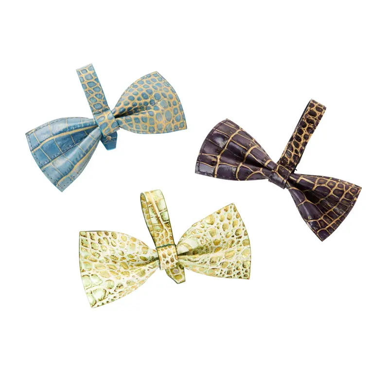 Blue, Purple & Green/Gold Embossed Croc Italian Leather Bowtie Set Of 3