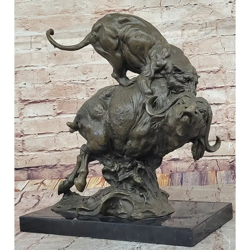 Fierce Lion vs. Buffalo   Hot Cast Bronze Wildlife Sculpture by Milo