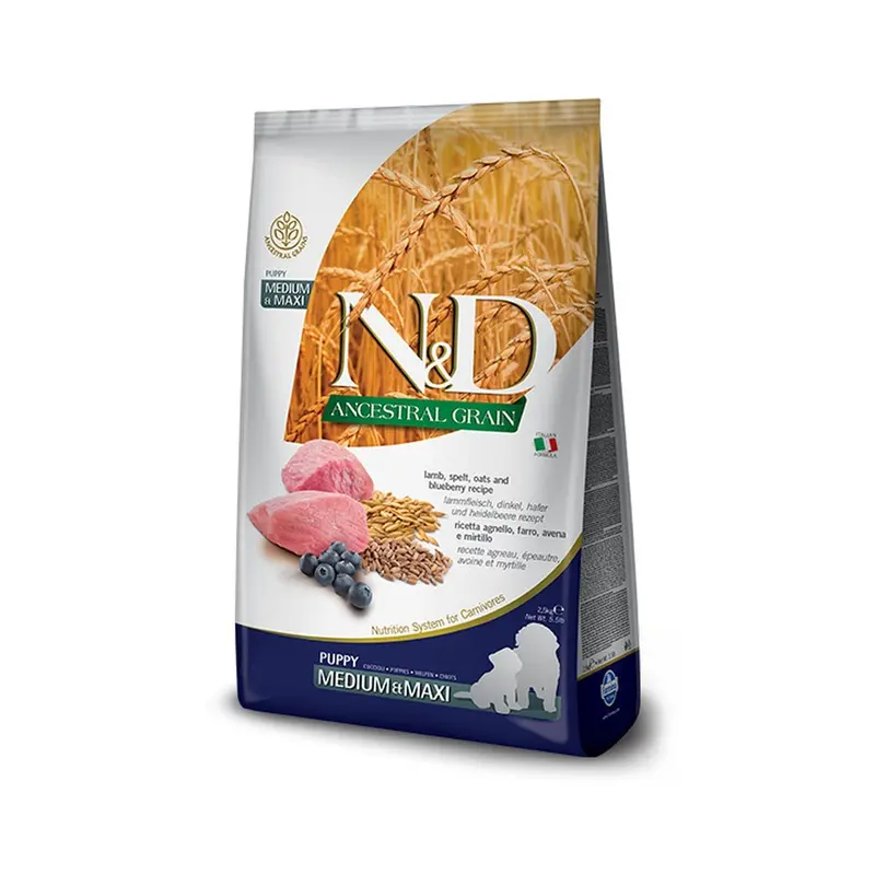 Farmina N&D Ancestral Grain Puppy Dry Dog Food - Lamb & Blueberry, Medium/Maxi Kibble - 26.5lb Bag