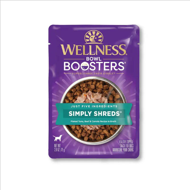 Wellness Bowl Boosters Simply Shreds Natural Grain Free Wet Dog Food Mixer or Topper Tuna Beef & Carrots 2.8oz Pouch