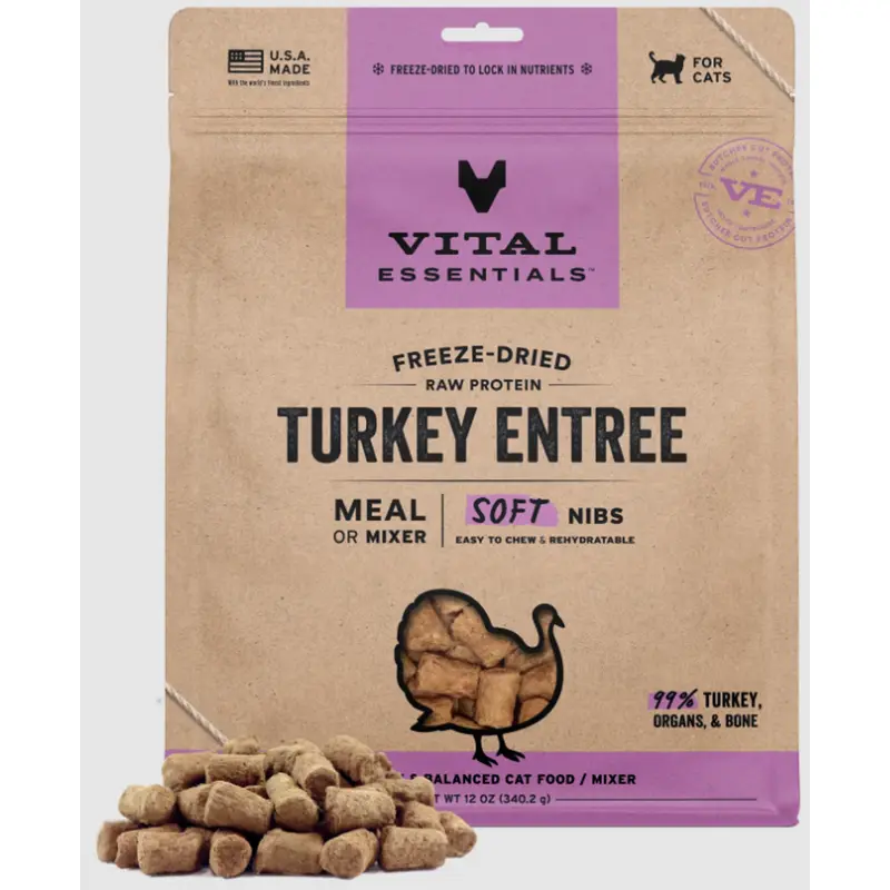 Vital Freeze-Dried Raw Turkey Entree & Mixer Cat Food Soft Nibs 12oz