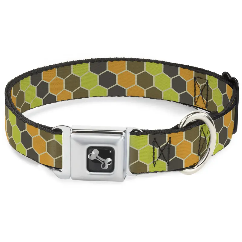 Dog Bone Seatbelt Buckle Collar - Honeycomb Greens/Orange