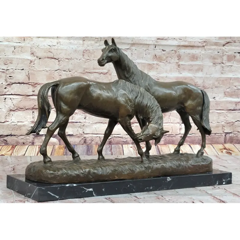 Necking Horses Equestrian Horse Lover Bronze Sculpture Statue Art Figure Marble Base