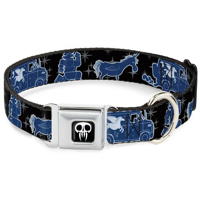 Onward Skull Icon Full Color Black/White Seatbelt Buckle Collar - Onward Barley/Unicorn/Guinevere Icons/Stars Black/Gray/Blues