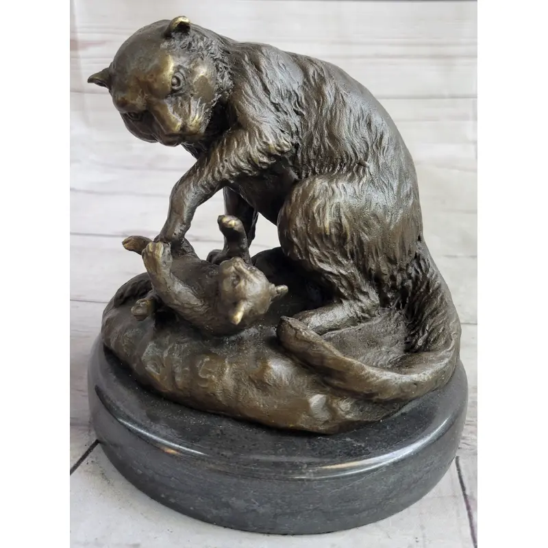 Playful Cat & Kitten - Signed Handmade Bronze Sculpture on Marble Base by Milo