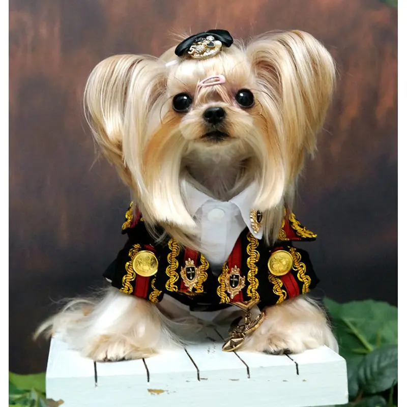 Handcrafted Royal Military Pet Suit Gold Trimmed Dog Outfit Jacket Suit Shirt Two-Piece Prince Uniform Badge