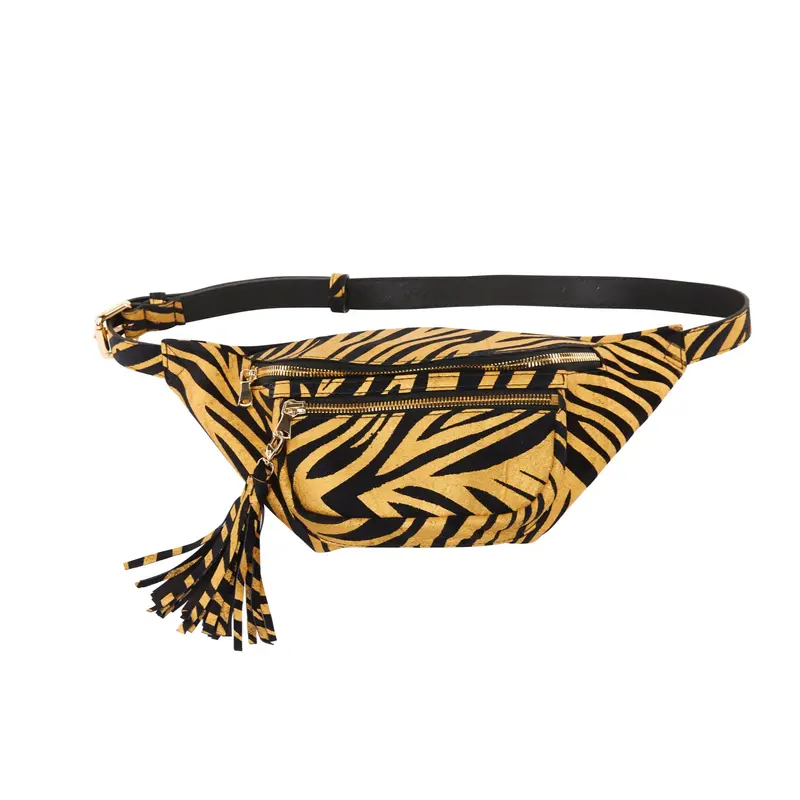 Black & Gold Zebra Print Italian Leather Cross Body Belt Bag