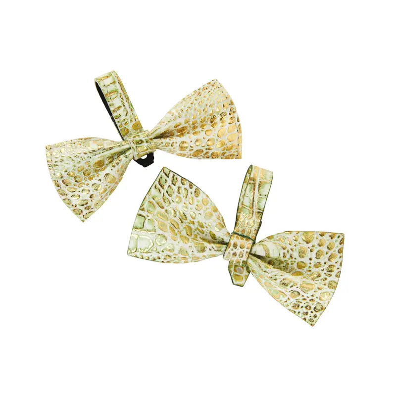 Green & Gold Embossed Croc Italian Leather Bowtie Set Of 2