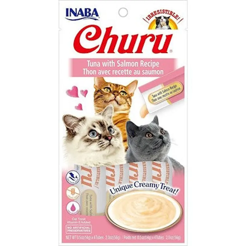 INABA Churu Creamy  Lickable Pure Cat Treat w Taurine  0.5 oz  4 Tubes  Tuna with Salmon Recipe