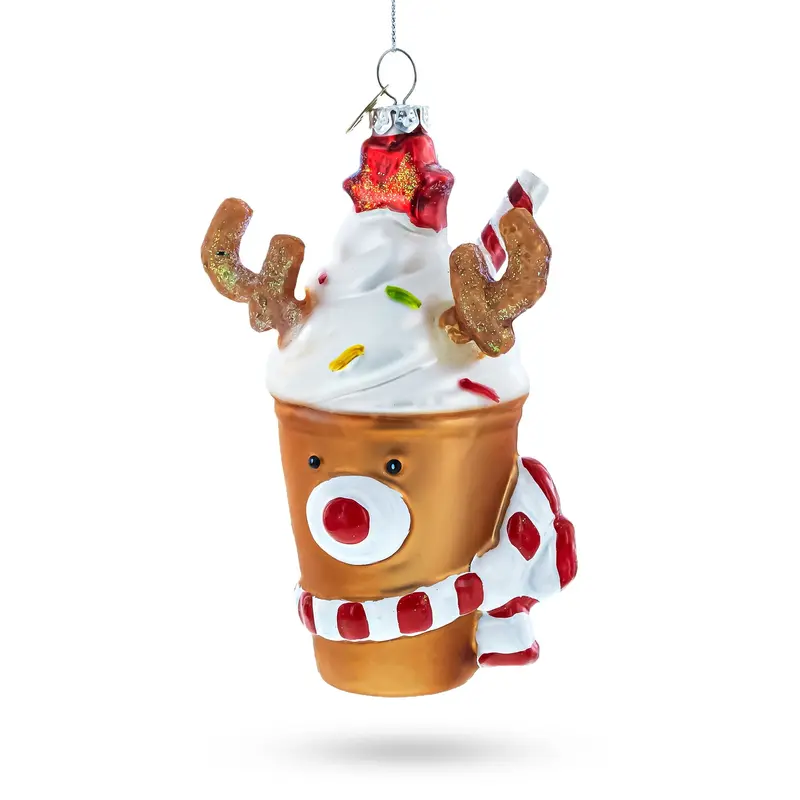 Festive Reindeer Milkshake Blown Glass Christmas Ornament